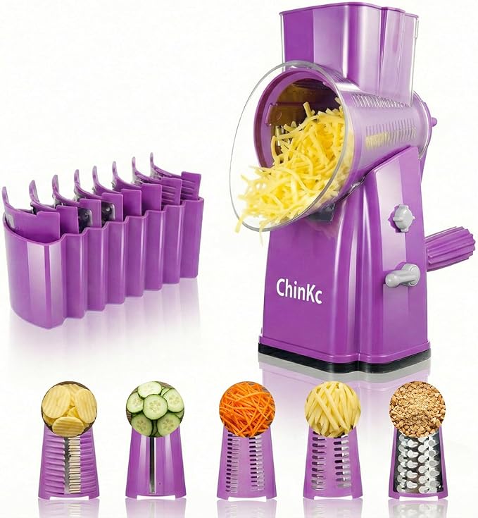 Upgrade Rotary Cheese Grater Shredder with Handle, Strong Suction Base, Multi-purpose Rotary Grater Slicer with 5 Interchangeable Blades for Ice, Vegetables, Fruit, Nuts with Blade Storage Box