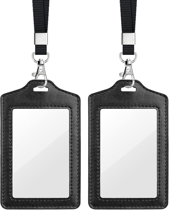 Teskyer 2 Pack Double Sided Clear Badge Holder with Lanyard, PU Leather ID Badge Name Card Holder with Stainless Steel J-Hook Nylon Lanyard for Work, School, Metro, Access, Black