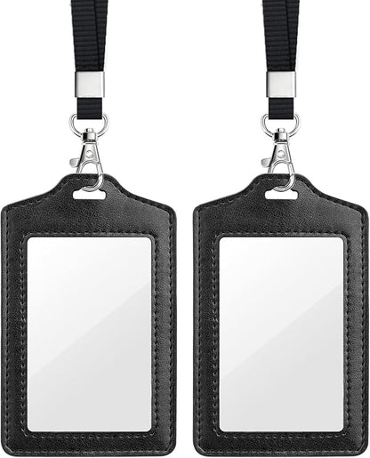 Teskyer 2 Pack Double Sided Clear Badge Holder with Lanyard, PU Leather ID Badge Name Card Holder with Stainless Steel J-Hook Nylon Lanyard for Work, School, Metro, Access, Black