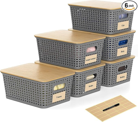 Plastic Storage Baskets with Bamboo Lids and Labels, Stackable Storage Containers, Storage Bins for Organizing Shelves Drawers Desktop Closets Office, 6 Packs-Gray