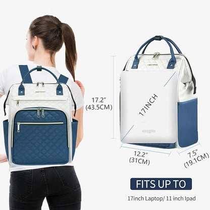 EMPSIGN 17 Inch Laptop Backpack for Women, Work Business Travel Computer College Bags, Large Capacity Water-repellent Quilted Casual Daypack, Beige-Haze Blue
