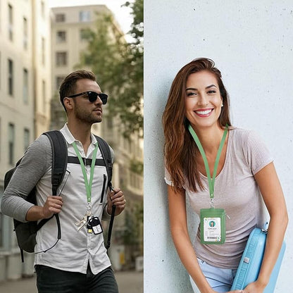 bolimoss 2-in-1 ID Badge Holder & Lanyard Wallet, Leather ID Name Badge with Side Zip Pocket for Teacher, Student, Women Small Wallet with Removable Neck Lanyard, Clear Window, 5 Card Slots,Lime Green