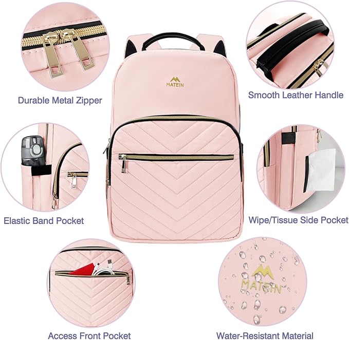MATEIN Cute Backpack for Girls, Water Resistant School Backpack with Detachable Keychain Fits 15.6 Inch Laptop, Multi-Functional Bookbag for Middle School with Laptop Compartment, Gift for Her, Pink