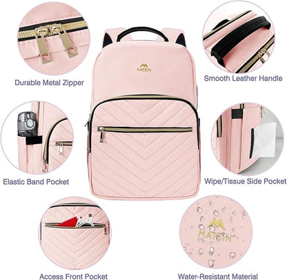 MATEIN College Backpack with Laptop Compartment, Water Resistant Girls Backpack, Cute Bookbag with Multiple Compartments, 17 inch Quilted Casual Daypack for Women, Pink