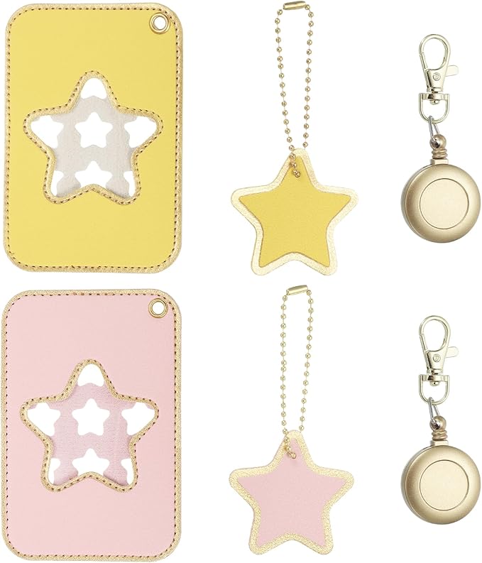 PATIKIL Retractable Badge Holders, 2 Pcs Cute Leather ID Holder with Badge Reels Keychain ID Card Clip Protector Cover for Women Work Office Business Trip, Pink/Yellow