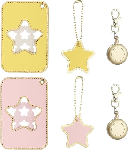 PATIKIL Retractable Badge Holders, 2 Pcs Cute Leather ID Holder with Badge Reels Keychain ID Card Clip Protector Cover for Women Work Office Business Trip, Pink/Yellow