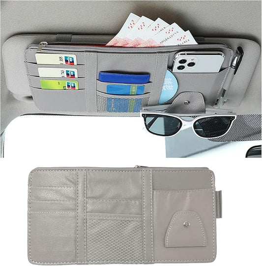Augeny Car Sun Visor Organizer, Leather Multi-Pocket Auto Visor Storage Pocket Pouch Holder with Zipper, Vehicle Interior Accessories for Car Truck SUV Sun Visor Case Bag (Gray)