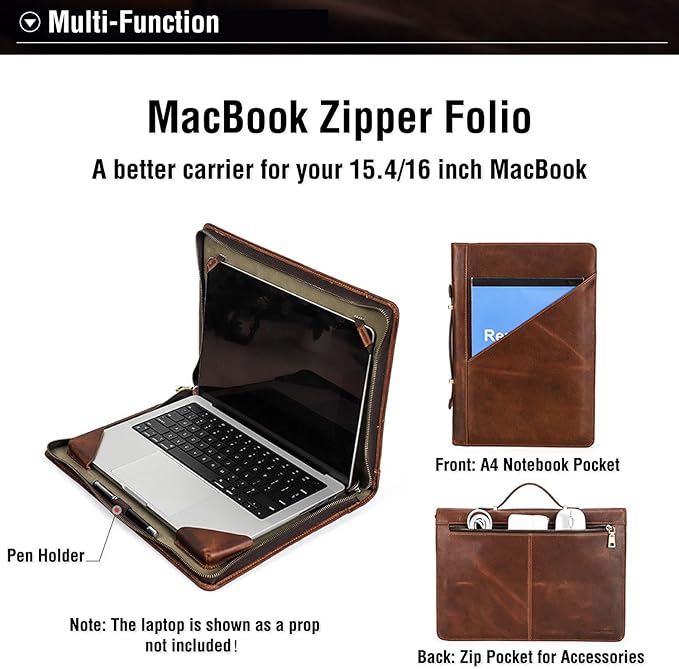 Top Grain Leather 16.2" Slim Laptop Zipper Folio Case Bag, Handmade & 2 Pockets, Compatible with MacBook Pro 16.2" A2485 M1 Max 15" Touch Bar A2141 A1707 Pro 16" Touch ID, Brown 16.2 Inch