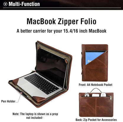 Top Grain Leather 16.2" Slim Laptop Zipper Folio Case Bag, Handmade & 2 Pockets, Compatible with MacBook Pro 16.2" A2485 M1 Max 15" Touch Bar A2141 A1707 Pro 16" Touch ID, Brown 16.2 Inch