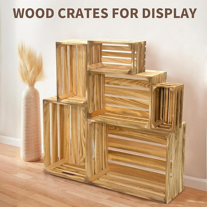 Wooden Crates for Display 6 Pack Extra Large Rustic Nesting Wooden Basket with Handle, Decorative Farmhouse Wood Crate for Storage and Container, 6 Size Wood Basket Decor Boxes