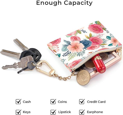 Watercolor Floral Keychain Coin Purse for Women, Small PU Leather Change Pouch, Zipper Little Tiny Travel Wallet for Girls, Cute Kawaii Zip Pocket Coin Holder with Key Ring