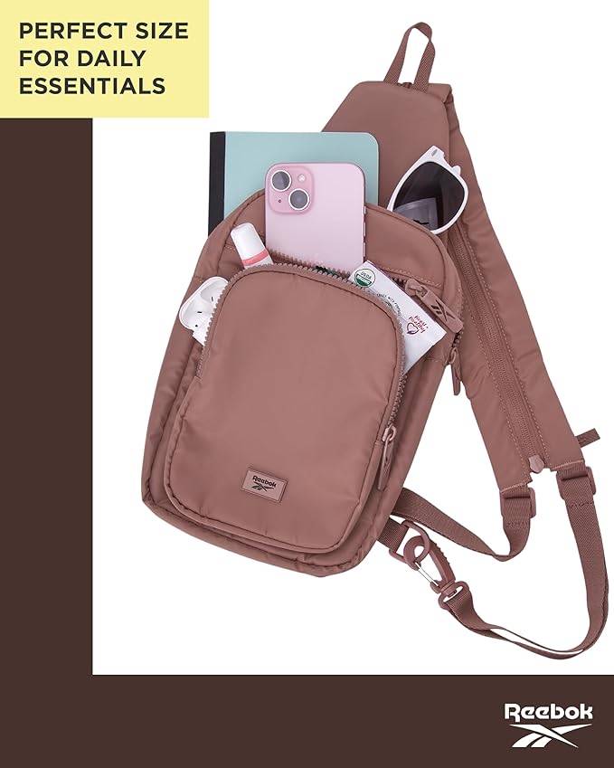Reebok Unisex Crossbody Sling Bags – Compact Convertible Strap Cross Body Bag Travel Sling Bag - Gym & Travel Essential, Cosmos Choco Malt
