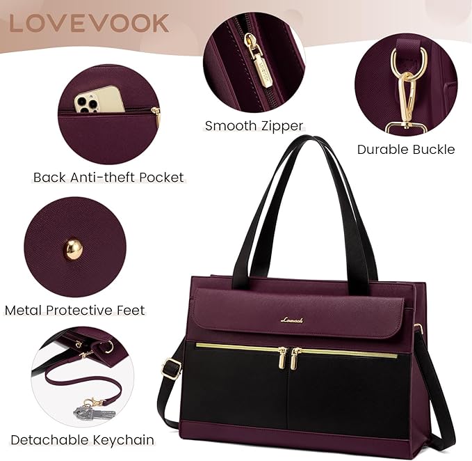 LOVEVOOK Laptop Bag for Women 17.3 Inch Laptop Tote Work Bags Professional Leather Computer Briefcase Waterproof Handbag Shoulder Large Capacity Business Teacher Office Crossbody Purse