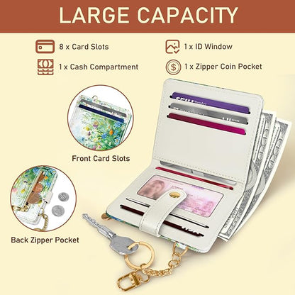 Jogjam Floral Green Rfid Ladies Wallet, Small Slim Thin Compact Credit Card Women Wallet, Spring Flowers PU Leather Bifold Cash Zipper Coin Pocket ID Window for Female