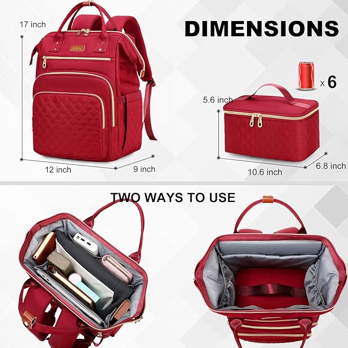 Lunch Backpack, 15.6 inch Laptop Backpack with Insulated Lunch Bag, Backpack Cooler for Women, Large Travel Backpack Lunch Box Compartment, Work Computer Backpack, Teacher College Book Bag, Red