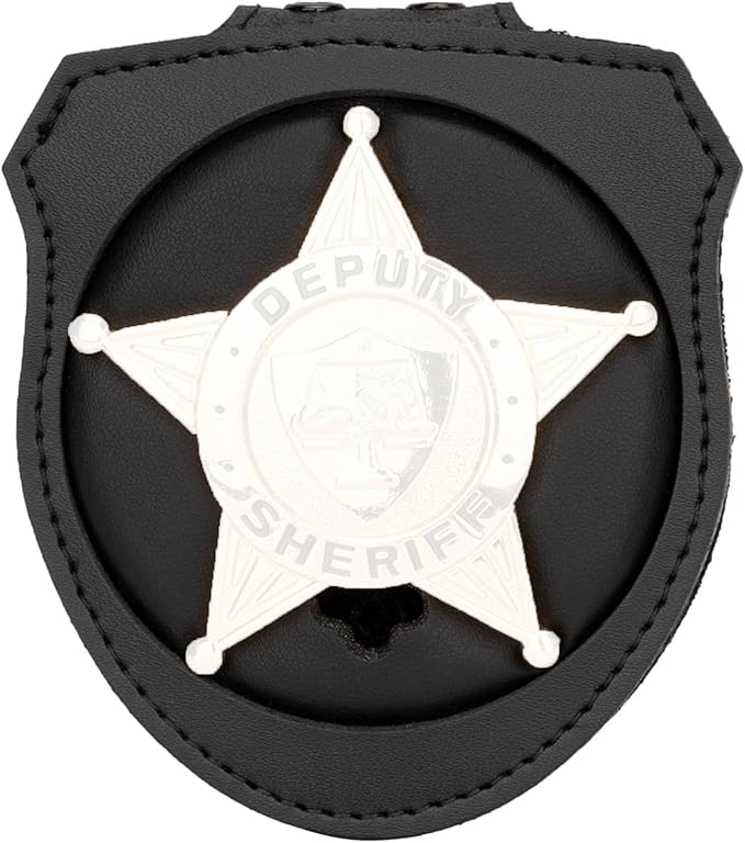 TT TYTX Police Badge Holder (Badge Not Included), Leather Universal Sheriff Badge Holder with Belt Clip, Hook and Loop Closure and Round Neck Stainless Steel Chain (Circle 2.7 Inch)