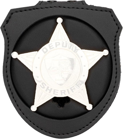 TT TYTX Police Badge Holder (Badge Not Included), Leather Universal Sheriff Badge Holder with Belt Clip, Hook and Loop Closure and Round Neck Stainless Steel Chain (Circle 2.7 Inch)