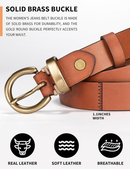 Womens Belts for Jeans Genuine Leather Belt Vintage Solid Brass Circle buckle Gift Box Packaging
