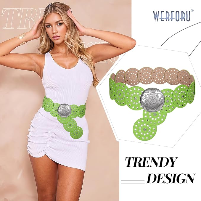 WERFORU Women Vintage Leather Belt Western Disc Waist Belts Ladies Western Belt Boho Belt for Dress Jean-