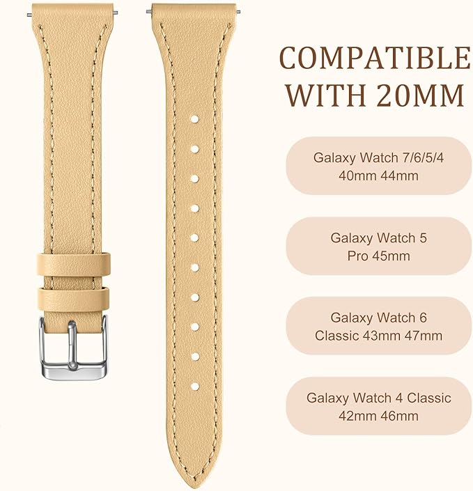GEAK Slim Leather Band Compatible with Galaxy Watch 7 Band/6 5 4 FE 40mm 44mm/5 pro 45mm/Classic/Galaxy Active 2, 20mm Genuine Leather Strap with Quick Release Buckle for Samsung Watch Bands Women