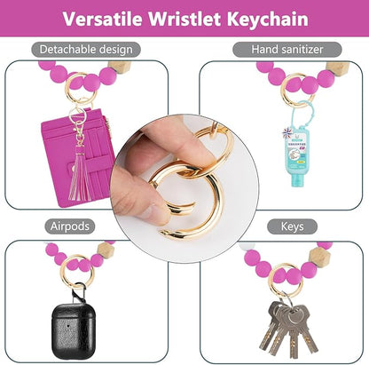 KNGITRYI Wallet Keychain Wristlet for Women,Slim RFID Credit Card Holder Purse Tassel Keychain Bangle Key Ring for Men Women