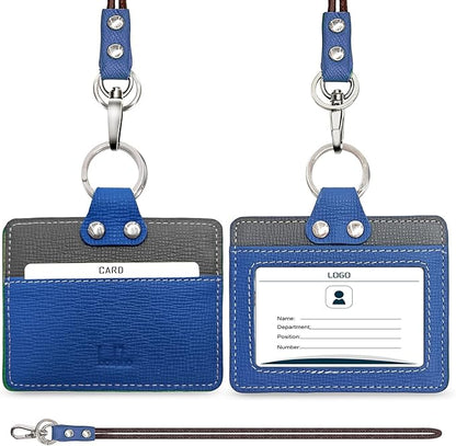 Badge Holder: Boshiho Cowhide Leather ID Badge Card Holder with 19" Neck Lanyard, Horizontal Style (Blue-Dark Gray)