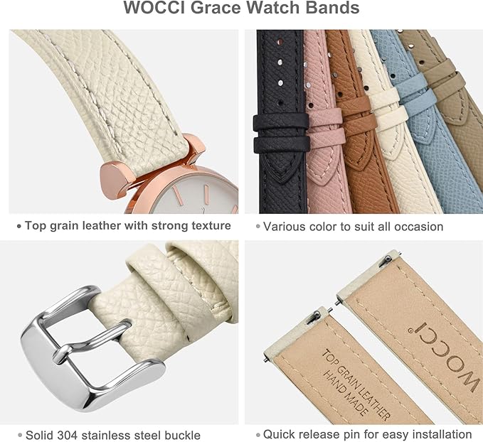 WOCCI 16mm Grace Watch Band for Ladies, Top Grain Leather, Quick Release Replacement Strap with Silver Buckle (Beige)