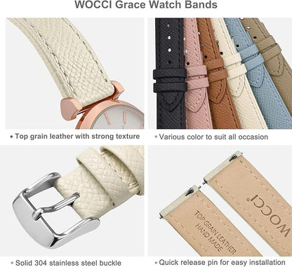WOCCI 14mm Grace Watch Band for Ladies, Top Grain Leather, Quick Release Replacement Strap with Silver Buckle (Beige)