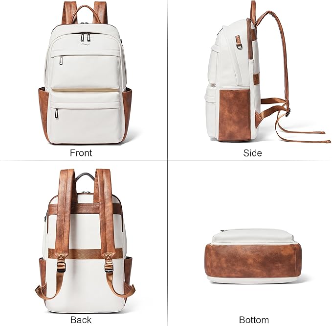 Vegan Leather Backpack for Women and Men, Fits 16.0 Inch Laptop, Multi-Pocket Design with Water Bottle and Luggage Strap, Ideal for Work, Travel, and Daily Use, Beige