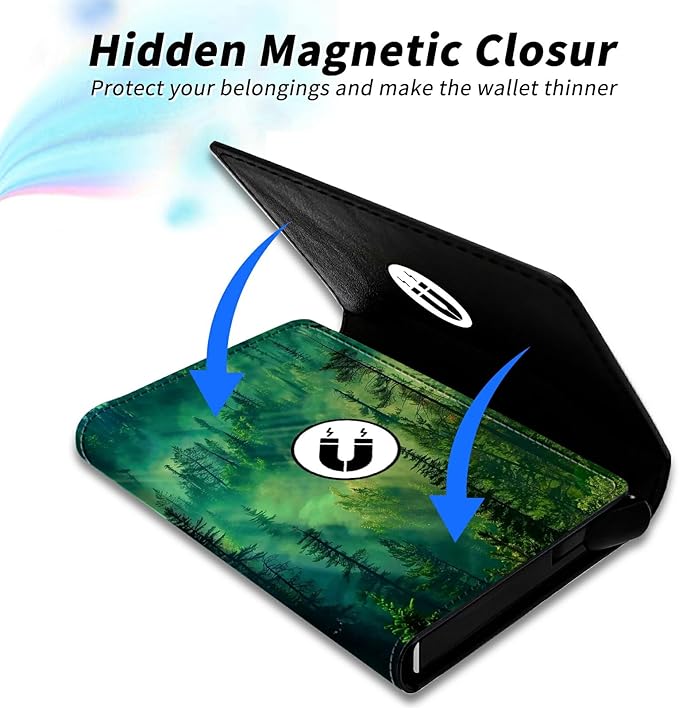 Forest Minimalist Wallet for Men Tarjeteros de hombres, Pop Up Card Case Wallet for Women, PU Leather Automatic Credit Card Holder Metal Money Clip Wallet RFID Blocking Bifold Pocket Wallet
