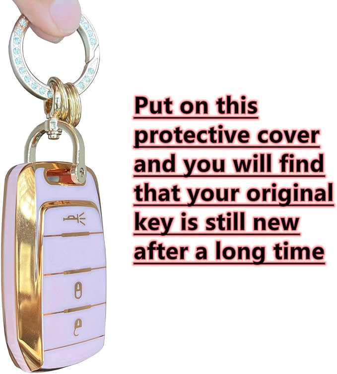 Key Protective Shell for RAM Key Fob Cover with Keychain Fit for RAM 1500 2500 3500 Smart Key Case Accessories (3-Button-Pink-Gold)
