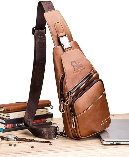 pundarika Leather Sling Bag for Men - Crossbody, Casual Shoulder Bag. Multi-Functional Chest Bag, Travel & Hiking Backpack - Brown