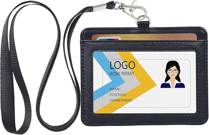 Teskyer Badge Holder with Lanyard, Leather ID Name Badge Card Holder with Lanyard for ID Badges, Horizontal Black