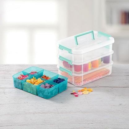 Sterilite 6 Pack Plastic Storage Box Container, 3 Layer, Stack and Carry, Clear/Blue