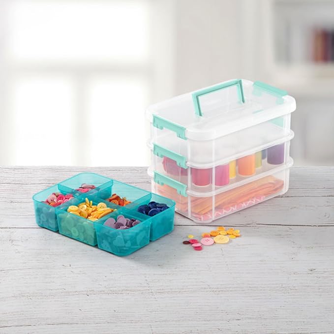 Sterilite 24 Pack Plastic Storage Box Container, 3 Layer, Stack and Carry, Clear/Blue