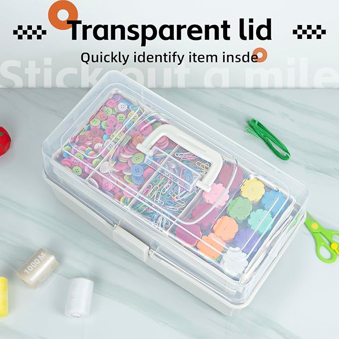 TERGOO 14in 3-Layer Multipurpose Craft Organizers and Storage with Adjustable Dividers, Portable Tackle Box, Folding Art & Craft Case for Medicine, Tool, Sewing Organizer (White, X-Large)