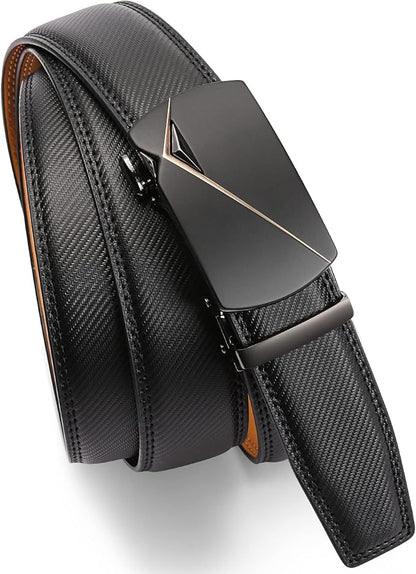 SENDEFN Leather Belt for Men Automatic Ratchet Buckle Slide Dress Casual Belts 1 3/8'' Wide Adjustable Trim to Fit(Black-20)