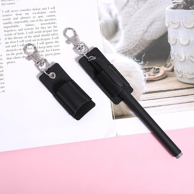 2 PCS Pen Holder for Lanyard, Black Leather Lanyard Pen Holder, Anti-Lost Pencil Clip for Badge Reel
