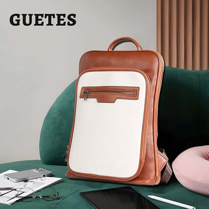 Leather Laptop Backpack, Women and Men Backpack Travel Business Work College Water Resistant Anti Theft Daypack Slim Large fits for 15.6 inch Notebook Computer bag, Off White+ Brown…