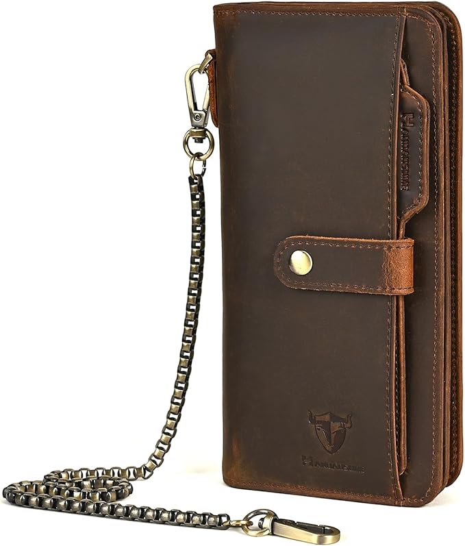 Genuine Crazy Horse Leather Travel Gift Coin Pocket Card Case Long Organizer Chain Rfid Wallet Purse With Snap For Men Male 1803 1815 (W-1821-Brown)