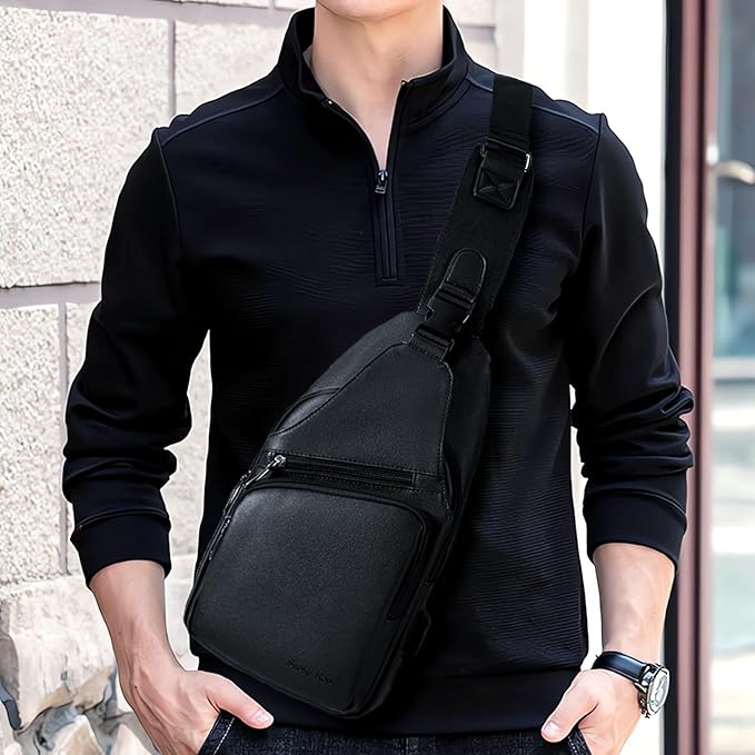 Seoky Rop Men Leather Sling Bag Purse Waterproof Crossbody Chest Bag Sling Backpack with USB Charging Port One Shoulder Bag Black