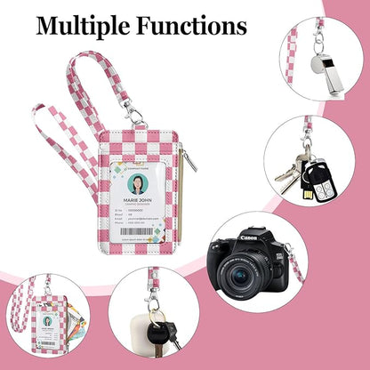bolimoss ID Badge Holder with Lanyard Wallet for Women Cute Small Card Wallet with Removable Neck Lanyard Side Zipper Pocket Slim Pink Checkered Plaid Leather Credit Card Holder