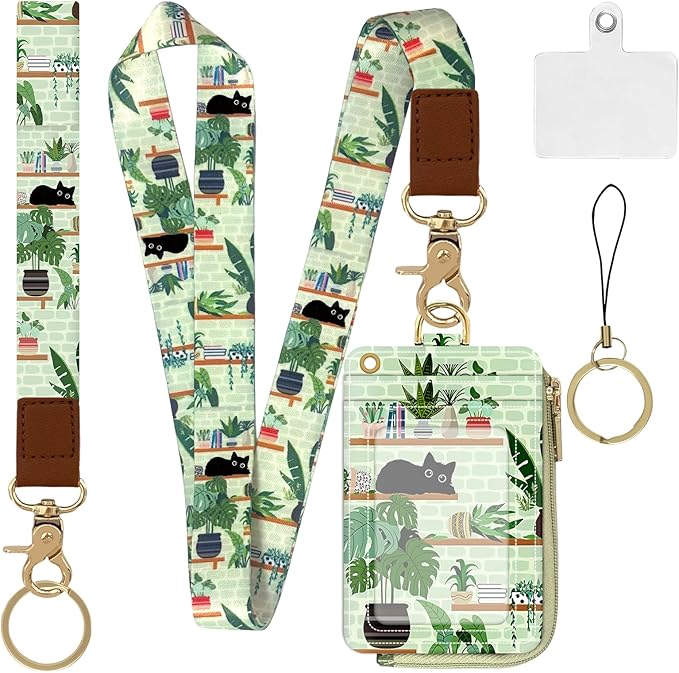 2-in-1 ID Badge Holder & Lanyard Wallet,Multi Use Womens Small Wallet with Zipper Pocket for Women Men with Wristlet and Neck Lanyard 5 Card Slots Work Essential (Cat Shelf)
