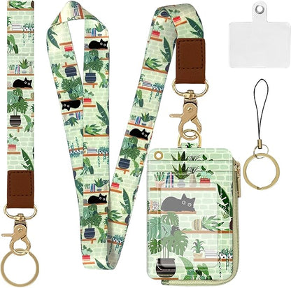 2-in-1 ID Badge Holder & Lanyard Wallet,Multi Use Womens Small Wallet with Zipper Pocket for Women Men with Wristlet and Neck Lanyard 5 Card Slots Work Essential (Cat Shelf)