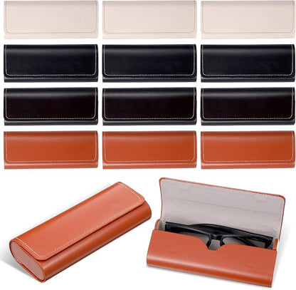Lemecima 12 Pack Leather Glasses Case Hard Shell, Premium Eyeglasses Storage Organizer with Secure Buckle Closure for Sunglasses, Reading Glasses, Frames - 4 Colors (Black, Maroon, Brown, Beige)