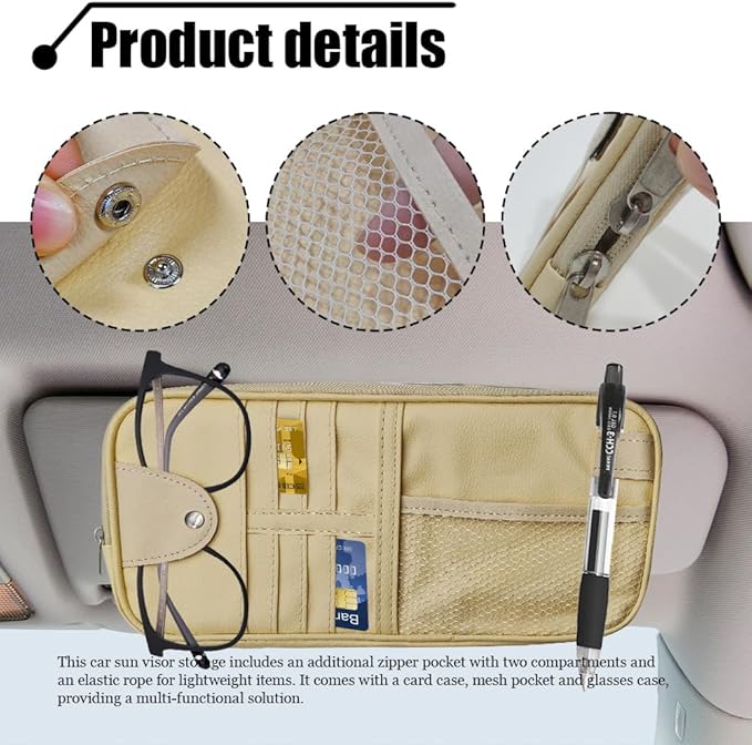 Car Sun Visor Organizer, Auto Accessories Sunglass Holder for Car, Multi-functional Sun Organizer Storage Bag, General Motors Interior Parts Storage Bags are Fit for Cars, SUVs, Trucks (Beige)