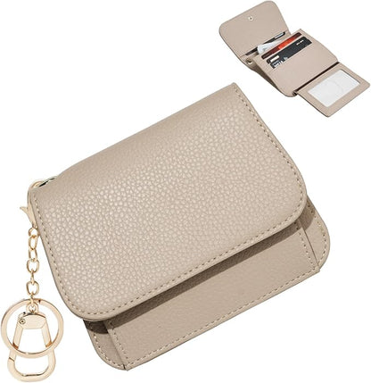 Women Small Wallet RFID Blocking Slim Wallet with Coin Pocket Tri-Fold Credit Card Holder with ID Window and Keychain (Khaki)