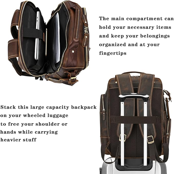 Vintage Full Grain Leather Backpack for Men, 16" Laptop Rucksack For Men Hiking Trave Work Business Bag, 9517 Brown