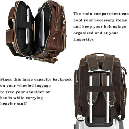 Vintage Full Grain Leather Backpack for Men, 16" Laptop Rucksack For Men Hiking Trave Work Business Bag, 9517 Brown