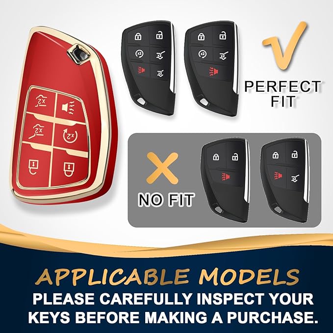 QBUC for Chevy Key Fob Cover with Keychain Soft TPU Protection Case Compatible with 2021-2026 Chevy Tahoe Suburban GMC Yukon Denali Silverado 6-Buttons(Gold Trim Red)